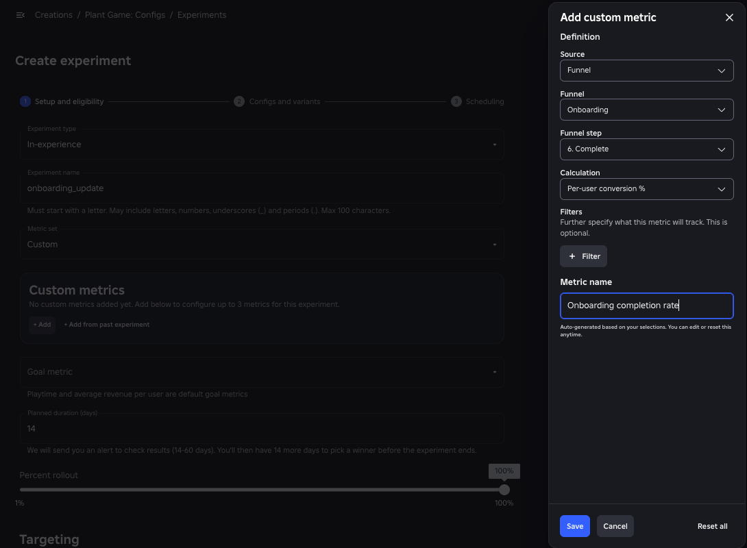 The Add custom metric panel with a funnel source, the Onboarding funnel, a completion step, and the per-user conversion calculation