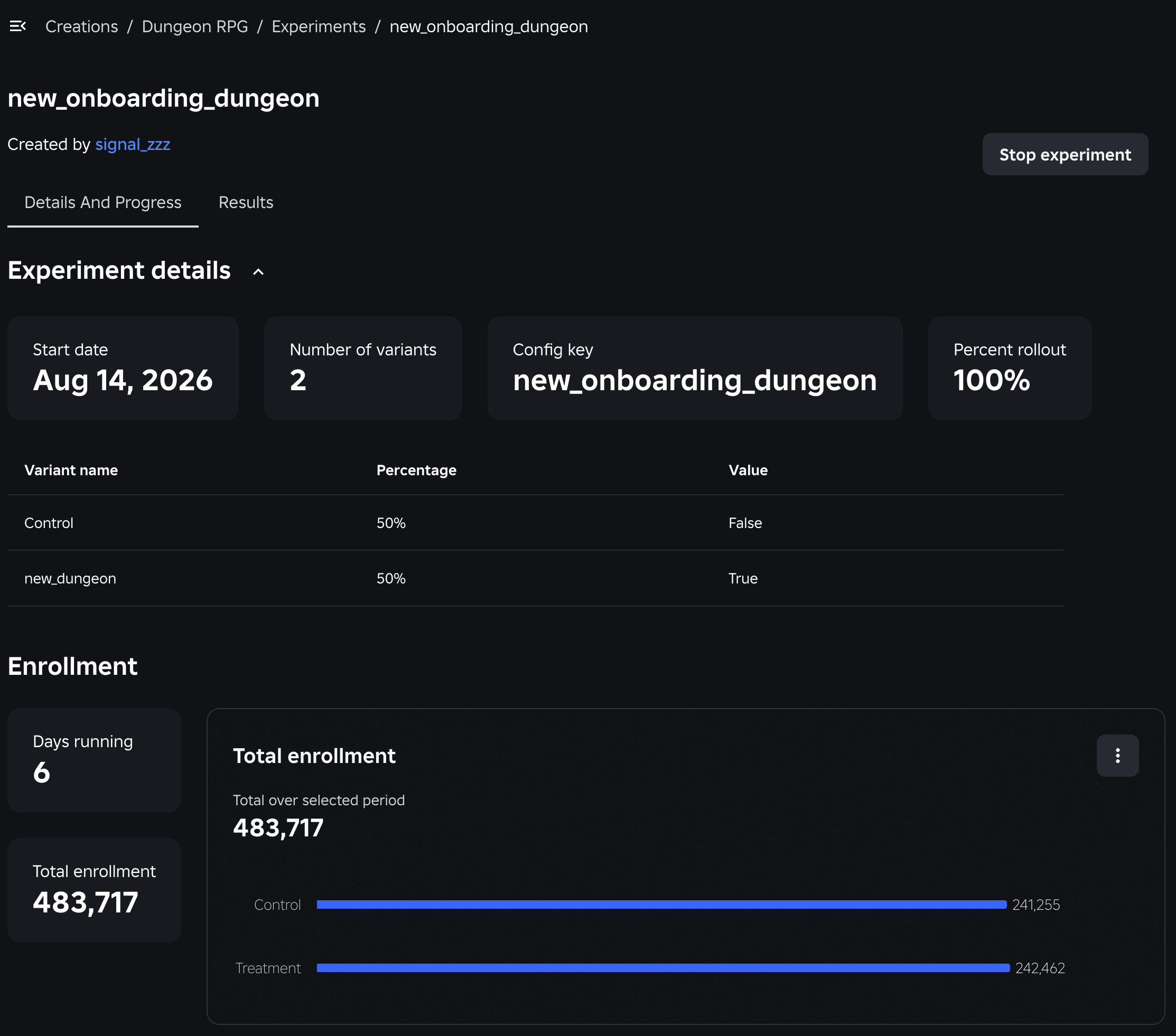 The details page for an experiment