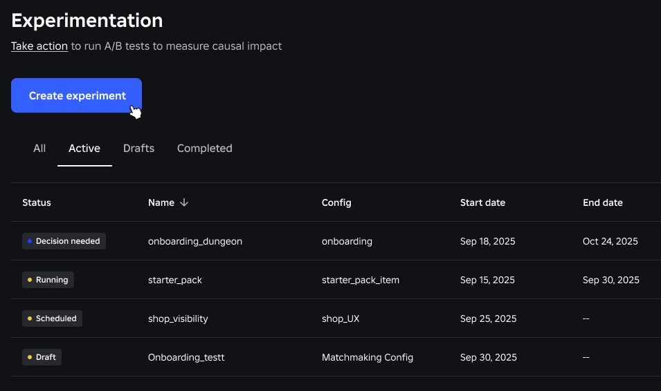 Overview of the Experiments page on Creator Hub