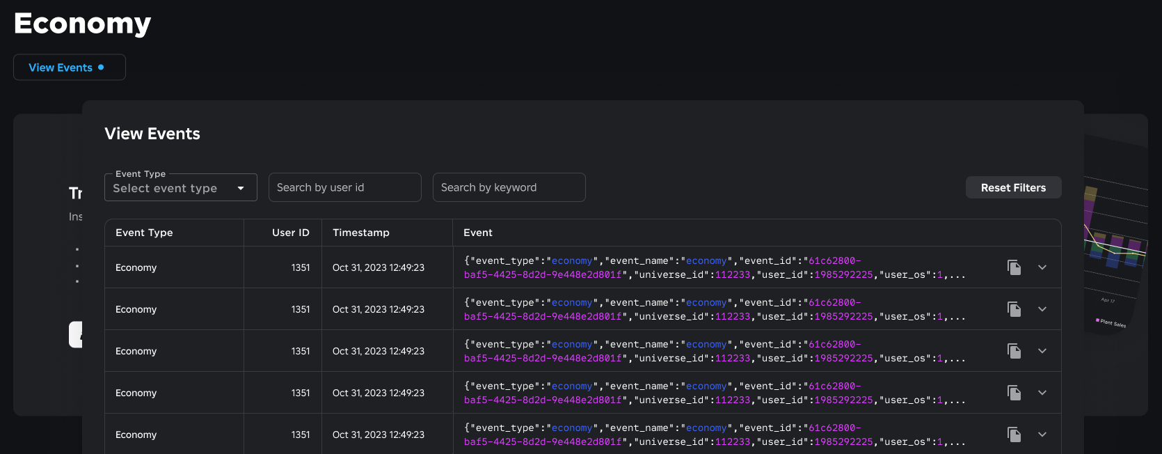 View events report displaying multiple event entries sortable by event type, user ID and keyword.