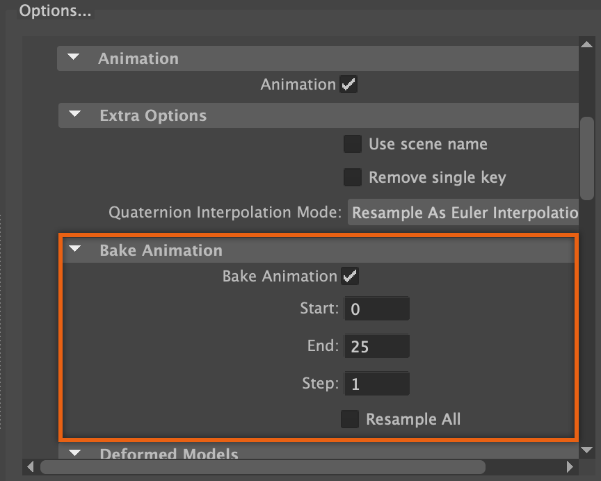Eine Nahaufnahme des Optionsfeldes. Die Einstellungen für das Backen der Animation sind hervorgehoben.