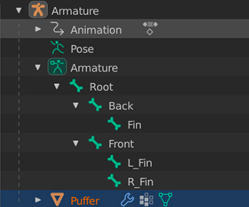 Der Outliner in Blender des Kugelfischmodells, der die Armatur-Knochenstruktur zeigt.