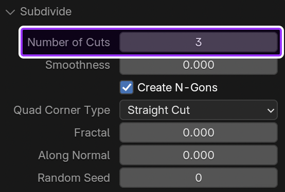 The Subdivide panel with the Number of Cuts setting highlighted.