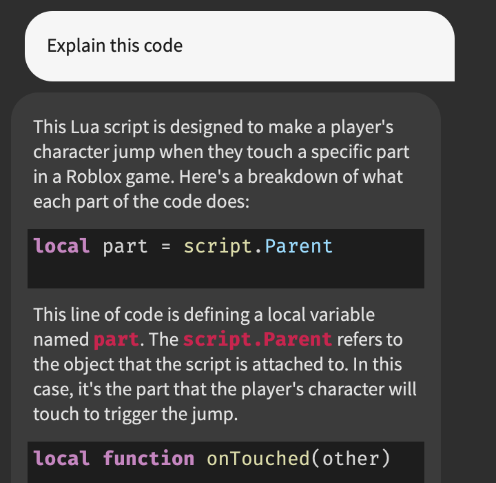 Code explanation provided by Assistant in Studio.