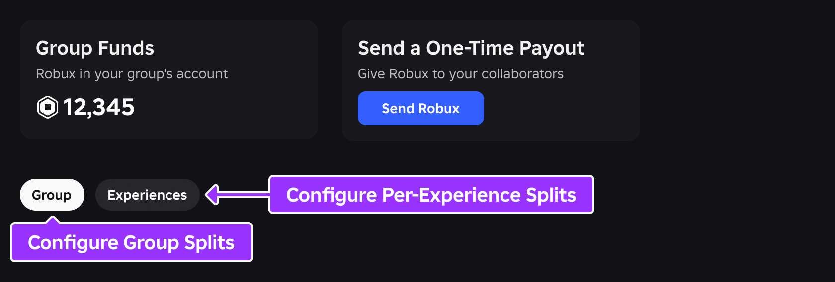 Split payout buttons indicated in the Payouts section on the Creator Dashboard.