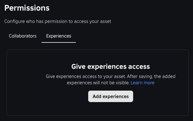 The landing page for asset permissions with the Experiences tab selected.