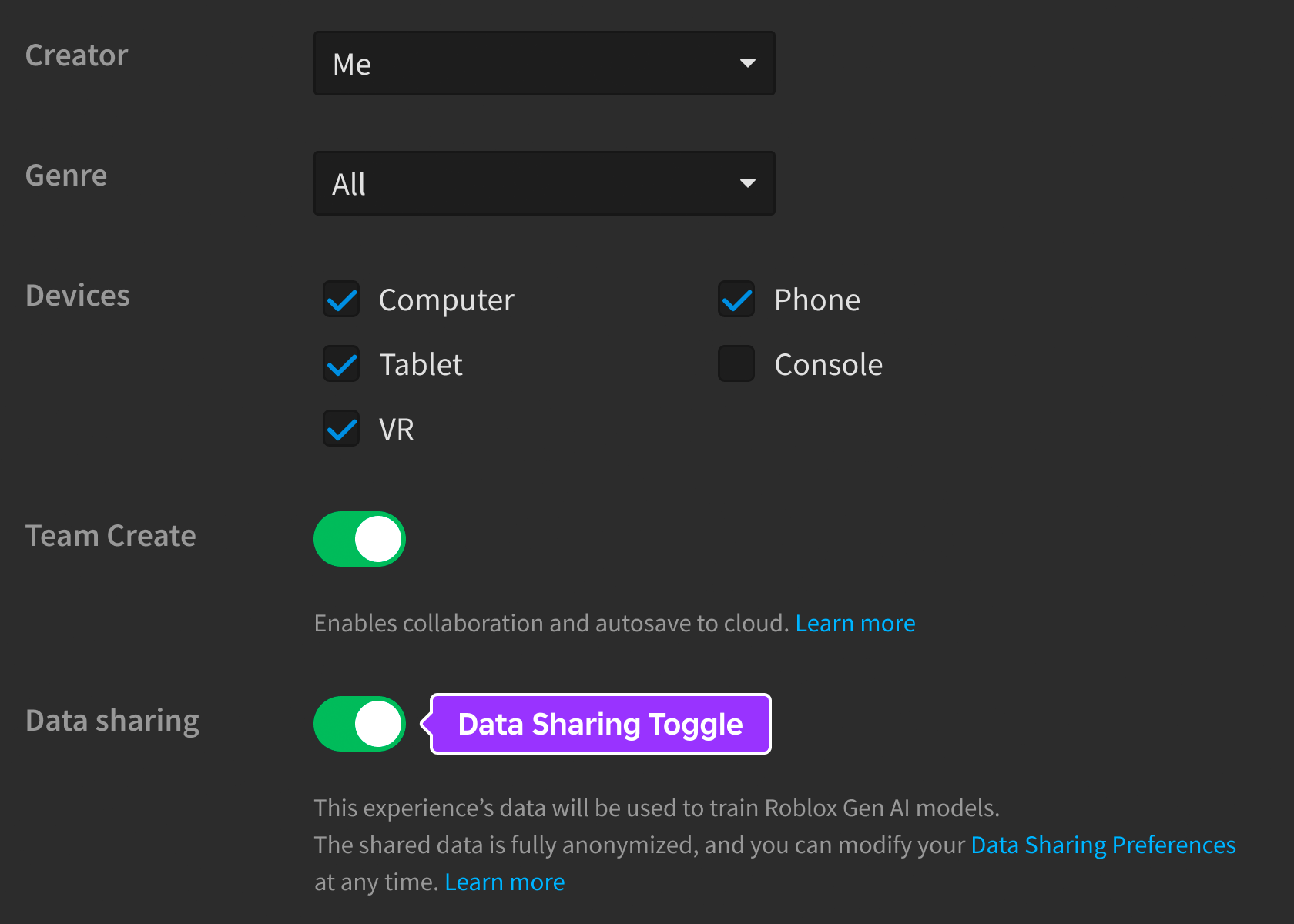 An image of the publish game dialog showing the data sharing toggle.