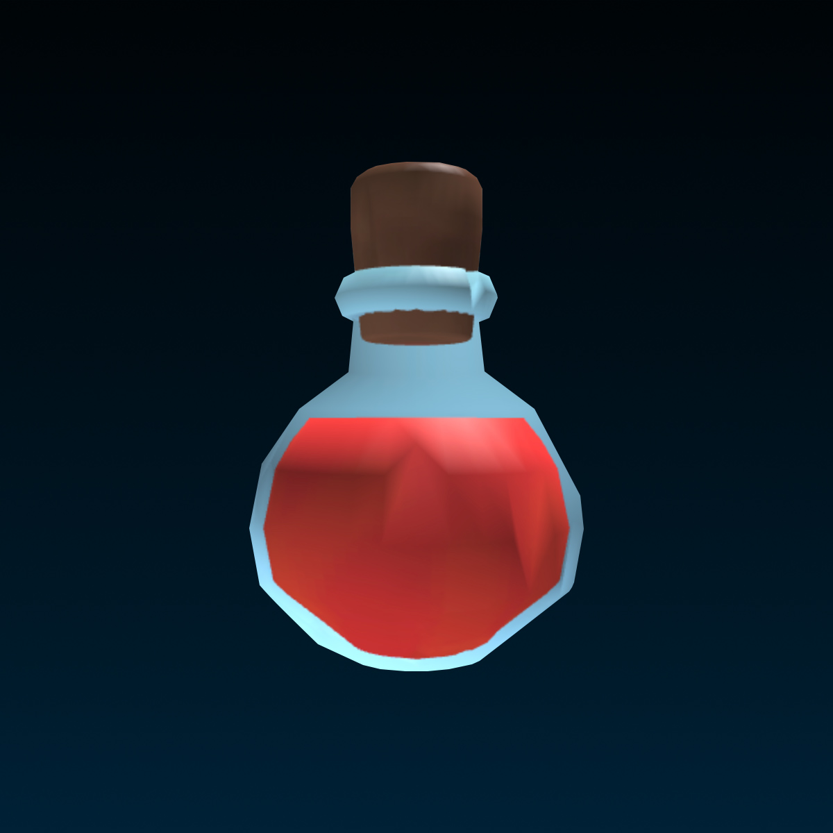 A potion mesh object that is rendered in the lowest level of detail. Its edges are more jagged than the previous image, and the liquid is no longer shiny.