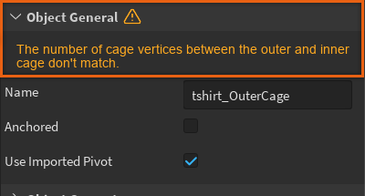 Eine Warnmeldung in Orange, die einen Fehler über nicht übereinstimmende Cage-Meshes angibt.