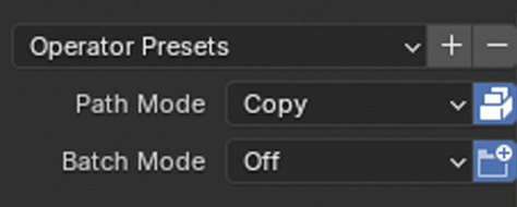 Blender export sidebar showing Path Mode set to Copy and the Embed Textures button enabled.