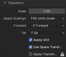 Blender export sidebar showing Apply Scalings set to FBX Unit Scale.