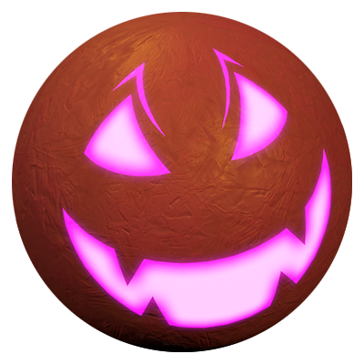 An orange sphere with a jack-o-lantern emissive mask tinted to magenta.