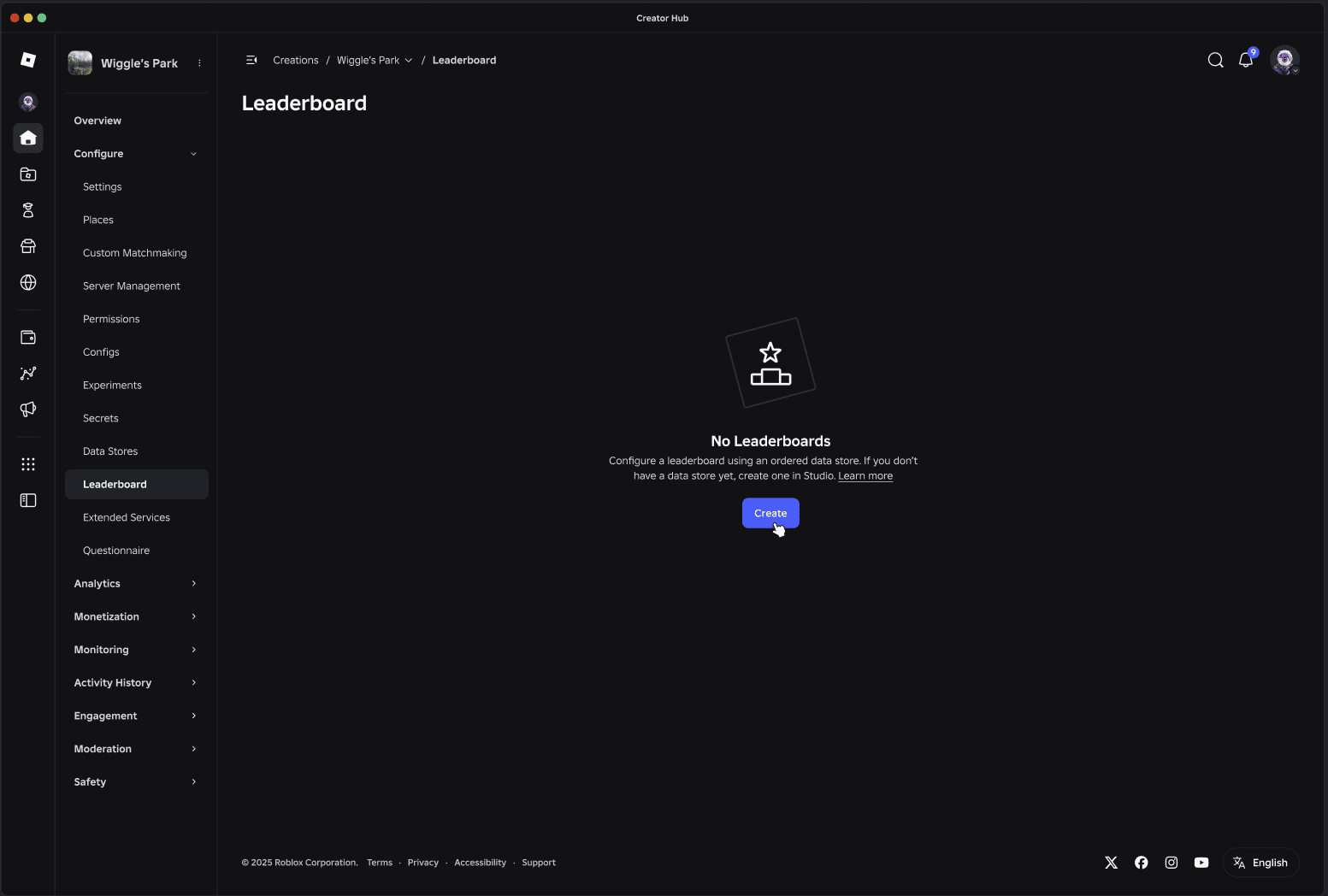 Creator Hub 中体验的排行榜页面，带有配置排行榜的创建按钮。