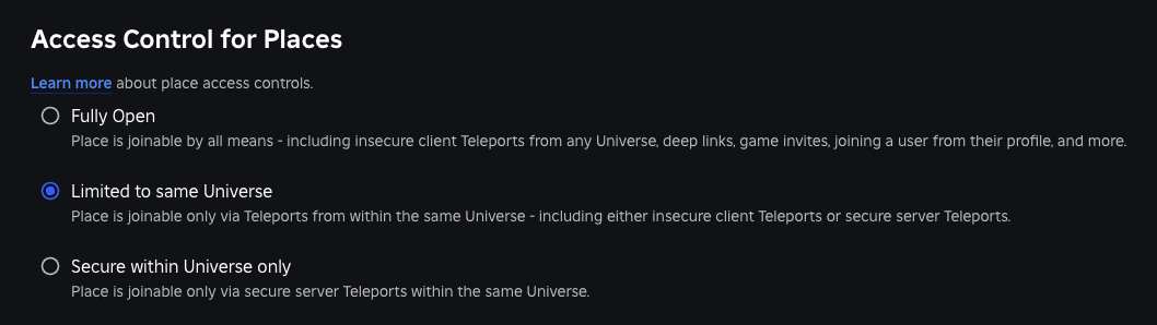 Access control for places on the Creator Hub