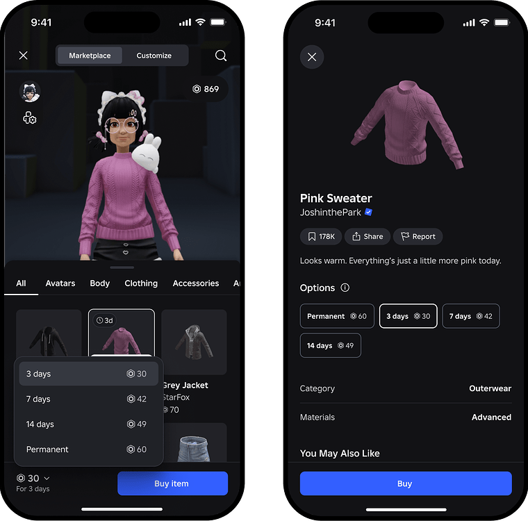 Example of timed options displaying for end user viewing marketplace item