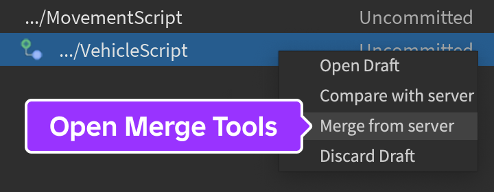 The Drafts window right-click popup window showing with the Merge From Server option highlighted.