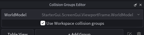 Pole wyboru wskazane do włączenia właściwości UseWorkspaceCollisionGroups modelu świata