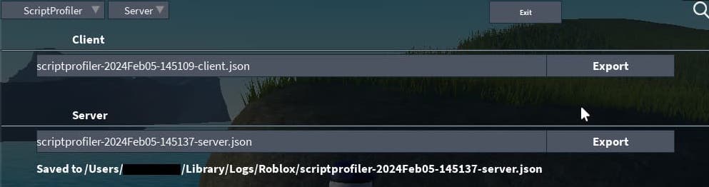 Example export window.
