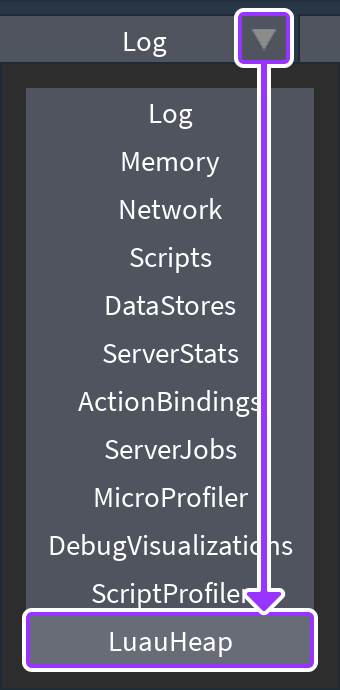 Dropdown menu of all Developer Console tools with the LuauHeap option highlighted for selection.