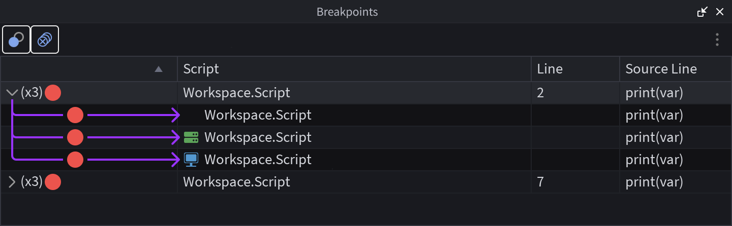 Breakpoint expanded to show contexts