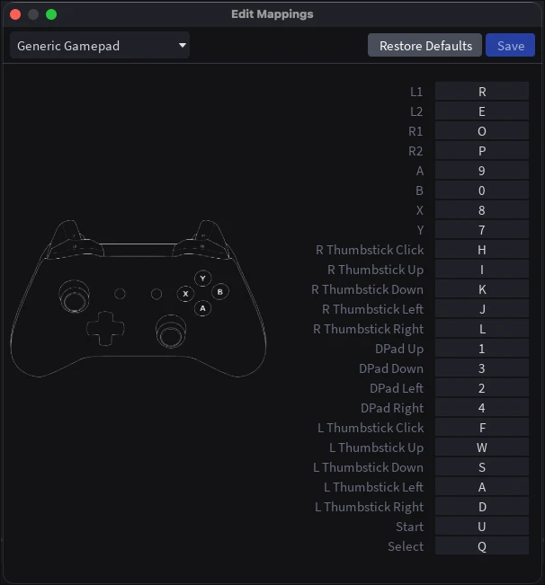 Controller Emulator mapping editor showing the keyboard key assigned to each gamepad control.