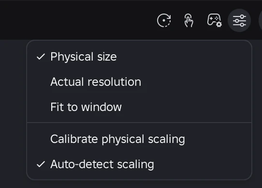 Display-Skalierungsmenü mit Optionen für physische Größe, tatsächliche Auflösung, Anpassung an das Fenster, Kalibrierung und automatische Erkennung.