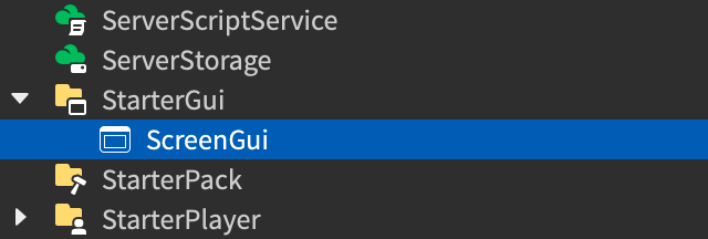 ScreenGui inserted into the StarterGui container.