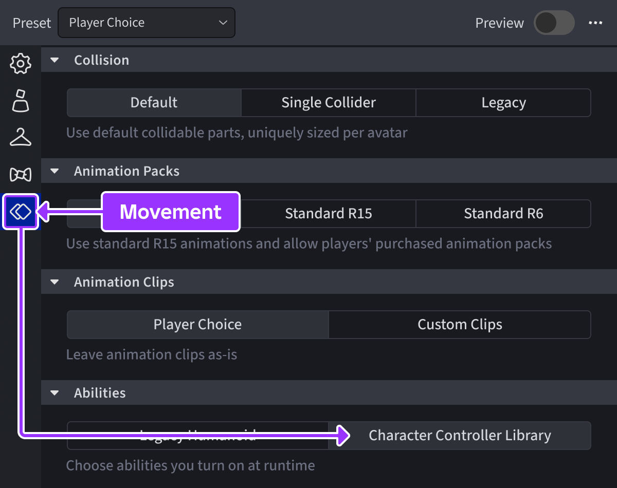 Character Controller Library toggle in the Avatar Settings window