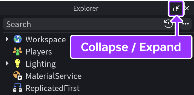 A close up view of the Explorer window with the Collapse button highlighted.