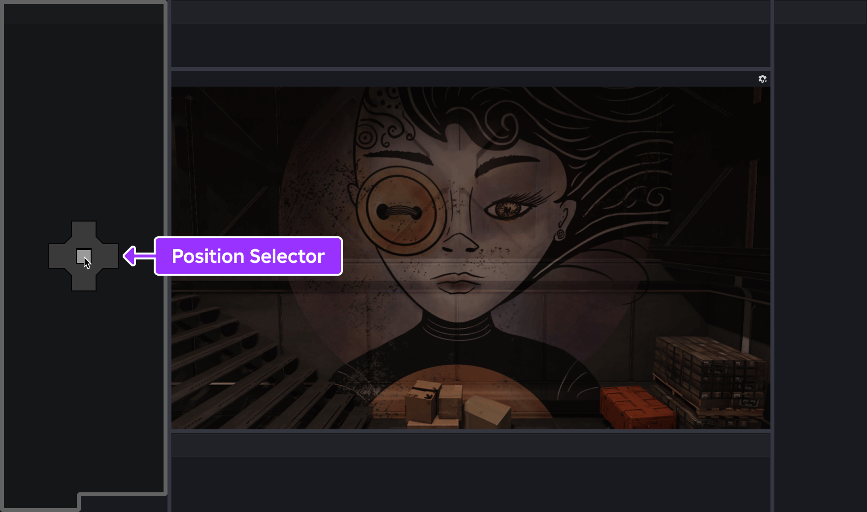 Mouse pointer hovering over the 'center' icon of the position selector in an empty docking area, showing that region as the dragged window's destination.