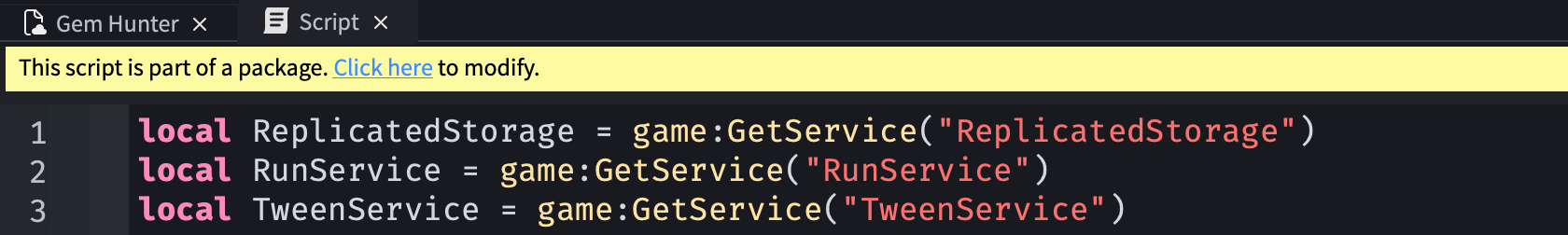 A script tab with a yellow notification that you can click to modify the script that's within an unmodified package.