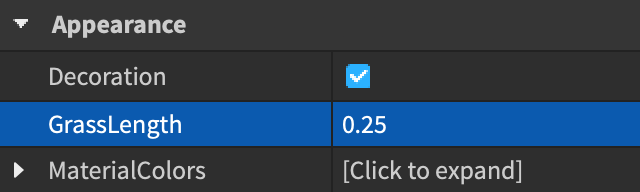 GrassLength property of Terrain object in Properties window of Studio