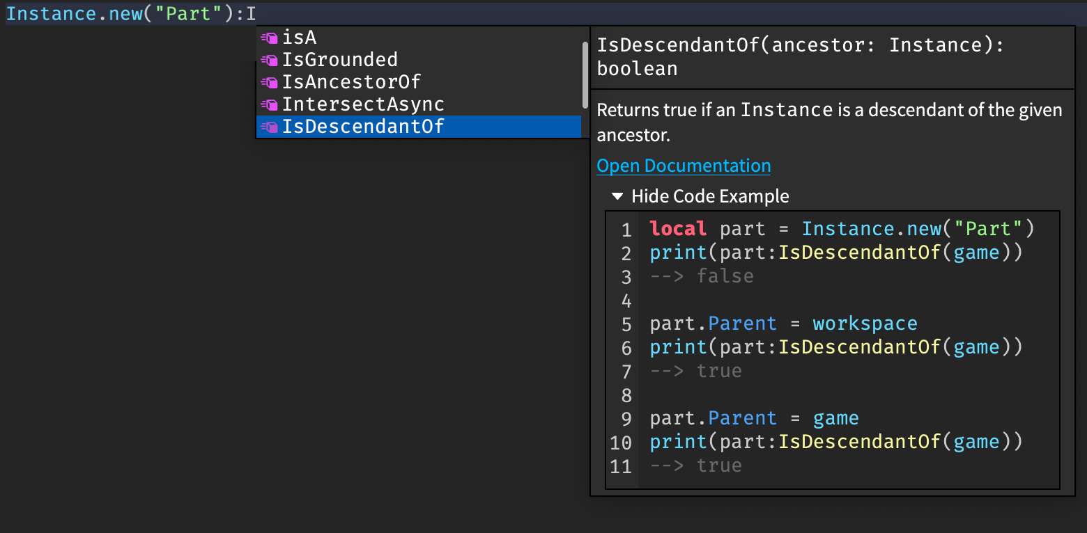 Autocomplete showing suggestions based on a Roblox Engine API.