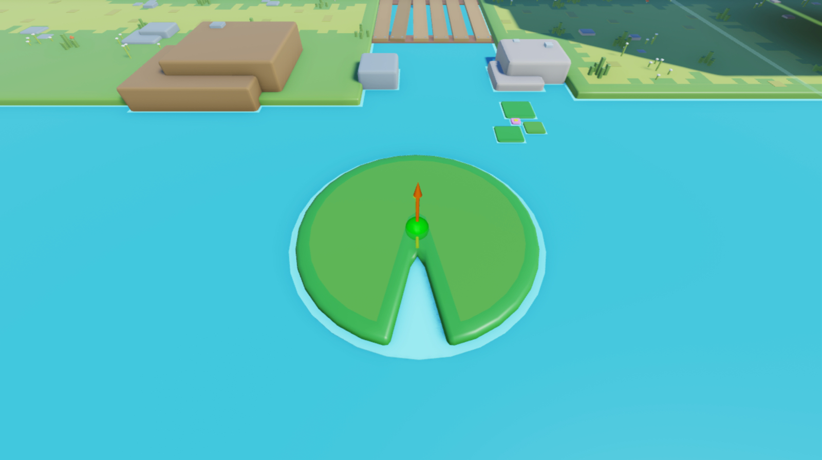 A close up view of a lily pad and its attachment visual aid. The primary axis points away from the camera, and the secondary axis points upward.