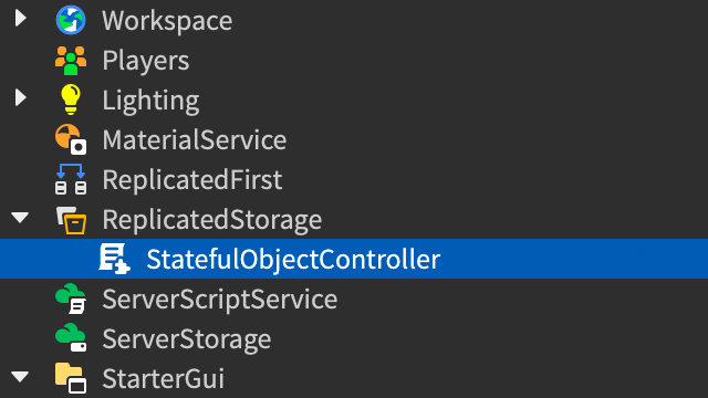 Explorer window showing the StatefulObjectController module inside the ReplicatedStorage container.