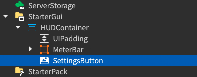 Explorer window showing new ImageButton inserted and renamed to SettingsButton.