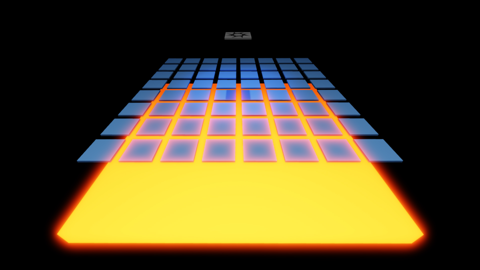 Spawn point above a grid of fading platforms, above a lava floor