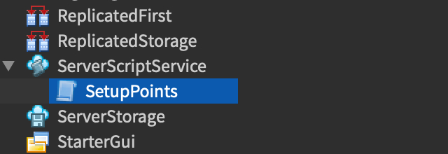 SetupPoints script in place in ServerScriptService in the Explorer window